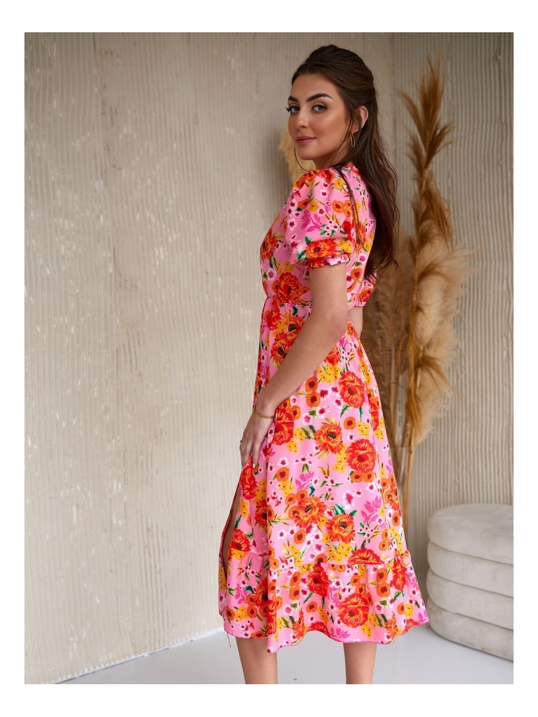 Floral dress with ruffles, pink and orange 8107 - Online store - Boutique